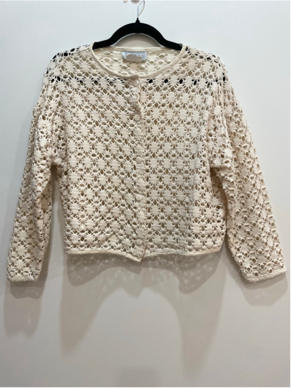 Vintage 90s Y2K Open Mesh Crochet Knit Cardigan L Cream Cottagecore Clean
